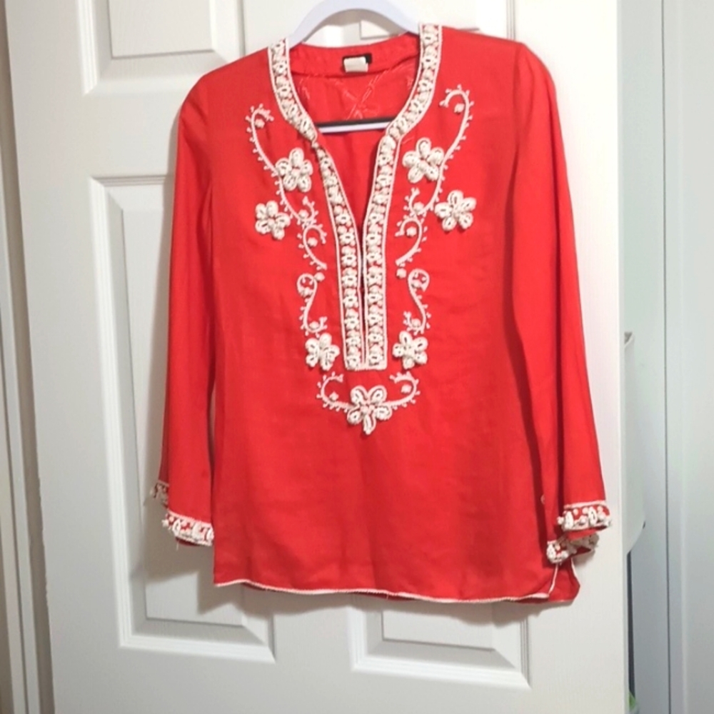 J CREW 100% LINEN WOMENS 1/2 FRONT CLOSURE UNIQUE STUNNING WOMENS SHIRT  2